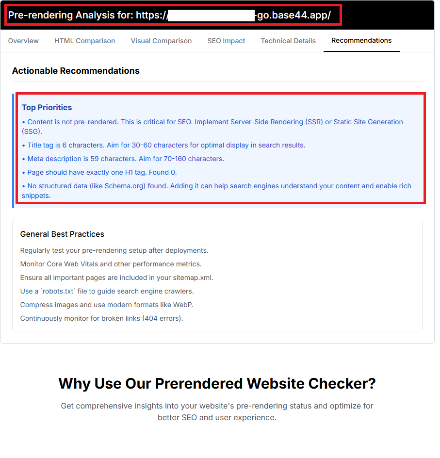 Recommendations for a Base44 site showing 5 top priority issues: no pre-rendered content, short title tag, short meta description, zero H1 tags, and no structured data