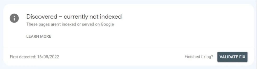 Google Search Console showing Discovered — currently not indexed status for a Base44 site