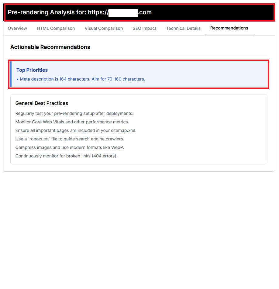 Recommendations after conversion showing only 1 minor suggestion about meta description length